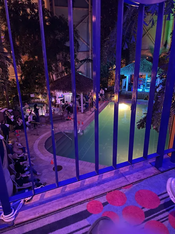 Colorful nighttime performance seen through railings